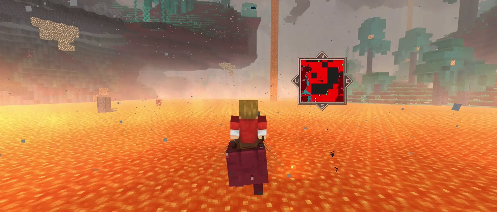 A Minecraft explorer crosses a glowing Nether landscape with Dynamic Map displaying the surrounding terrain.