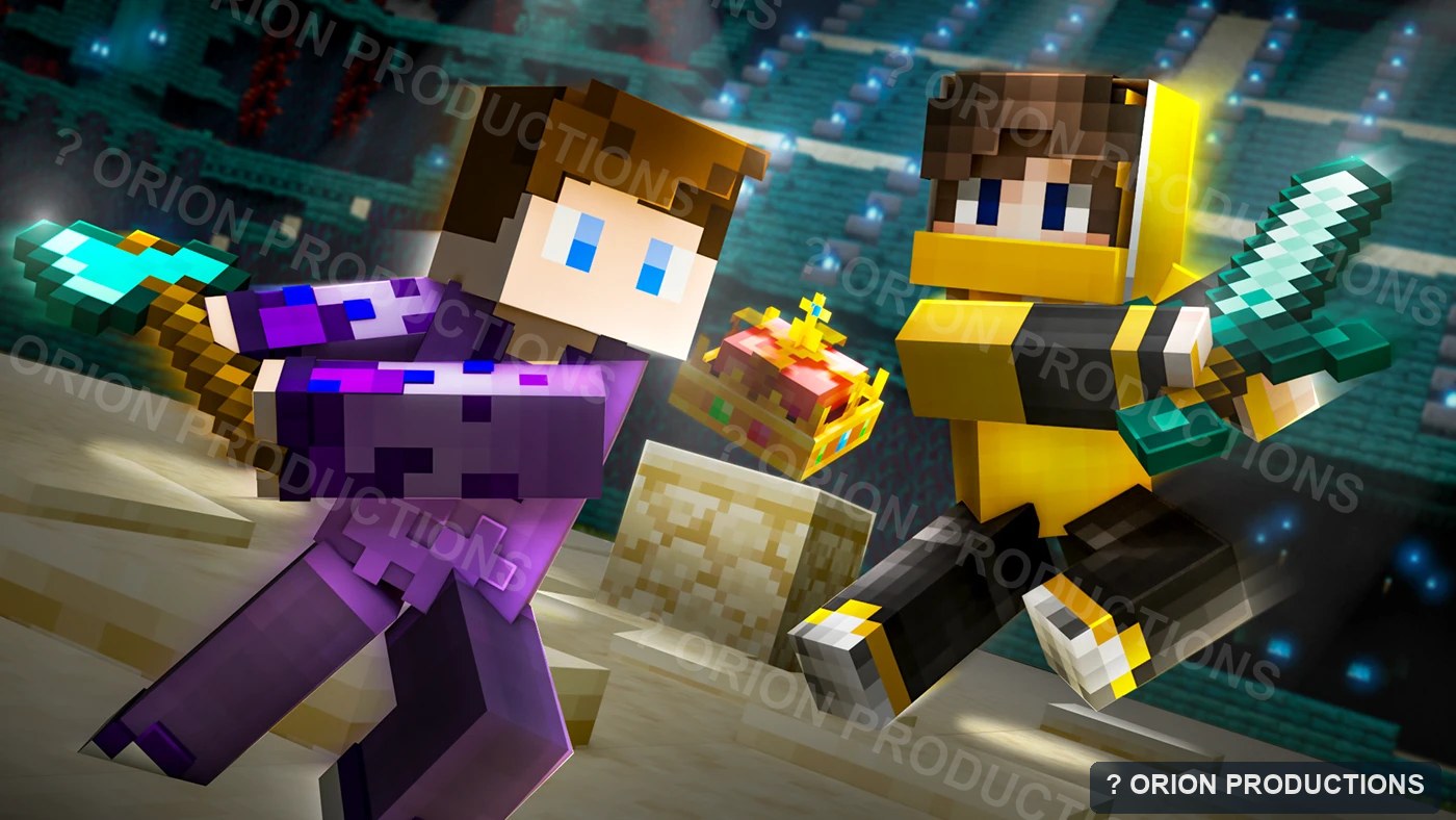 Minecraft thumbnail portfolio example with two player characters holding weapons