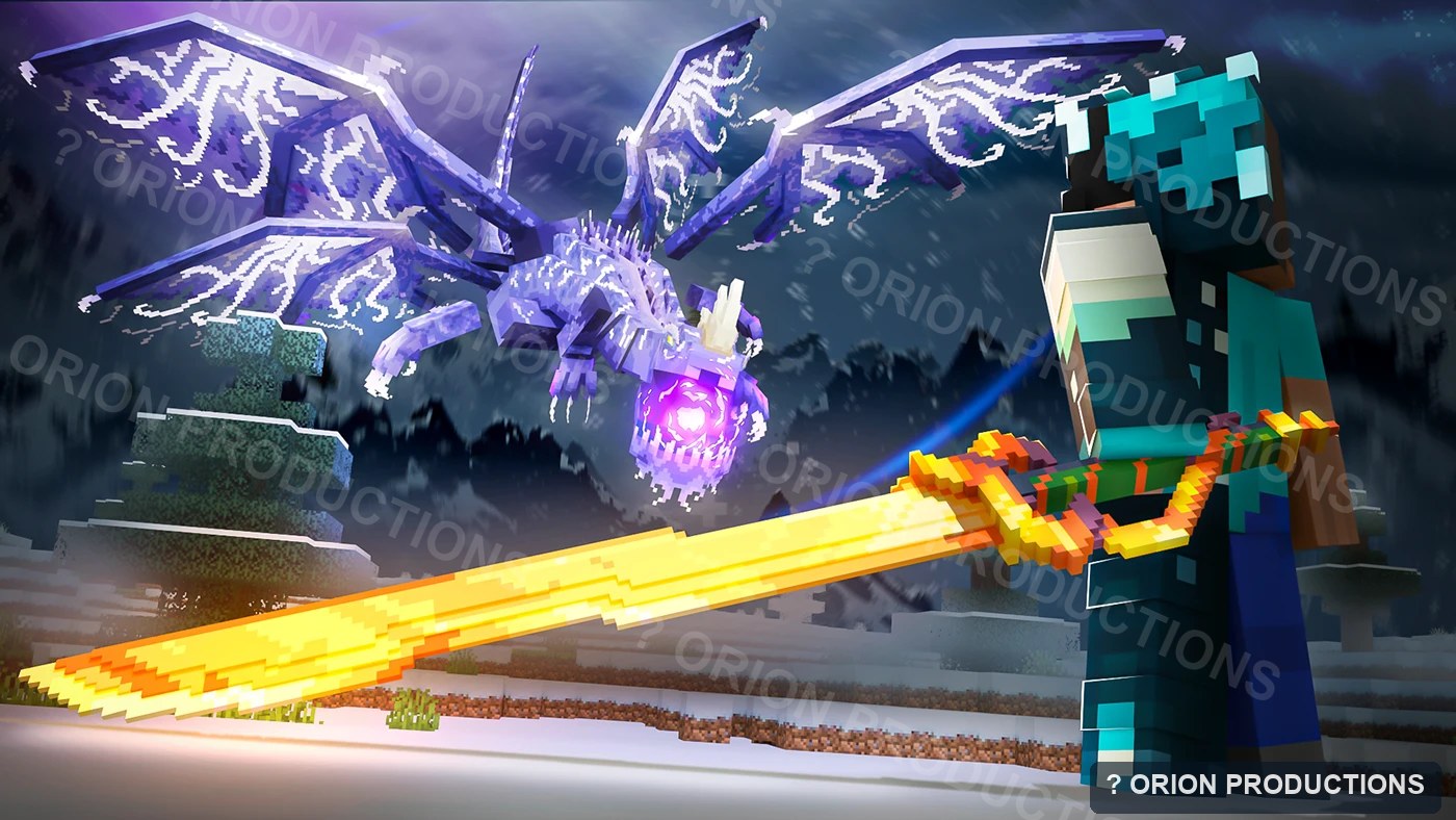 Large Minecraft thumbnail portfolio example with lightning and dragon battle